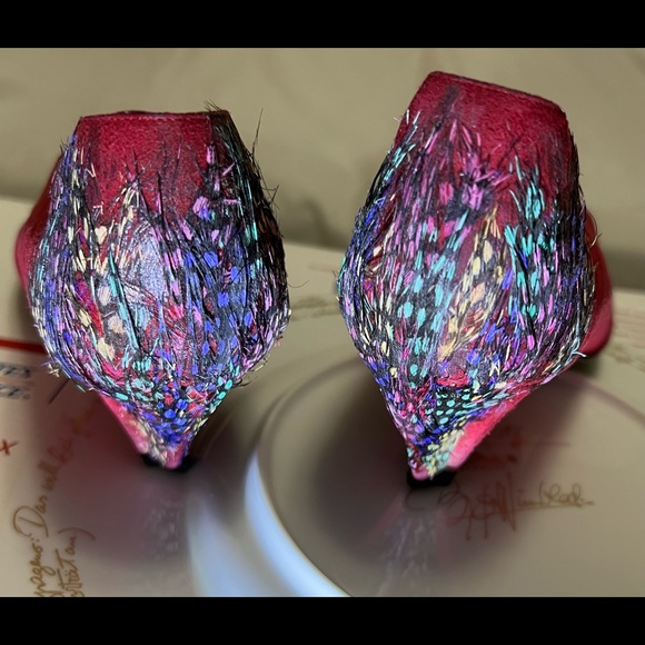 Claudio Merazzi Italian Red suede Low articulated heels Feather fetish 6.5B - Picture 4 of 5